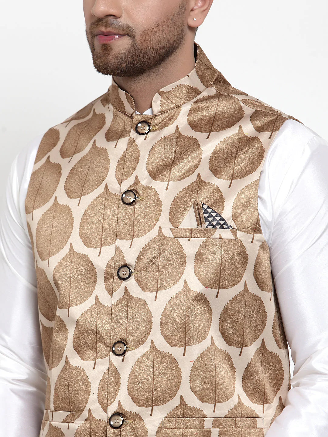 Jompers Men's Solid Dupion Kurta Pajama with Printed Nehru Jacket ( JOKPWC OW-D 4014Brown )