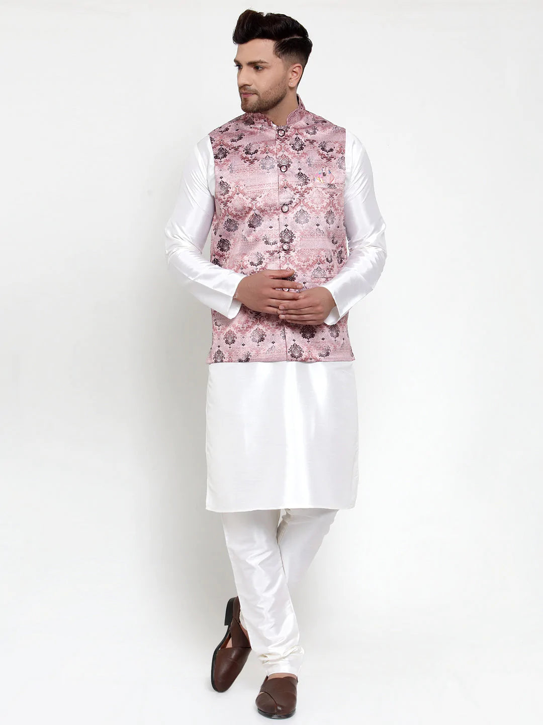 Jompers Men's Solid Dupion Kurta Pajama with Printed Nehru Jacket ( JOKPWC OW-D 4014Pink )