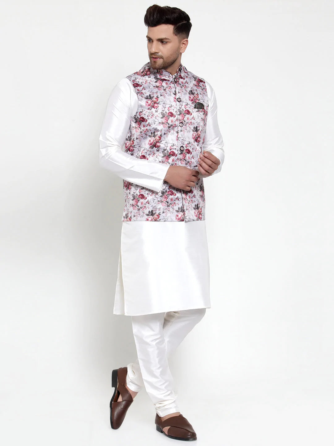 Jompers Men's Solid Dupion Kurta Pajama with Printed Nehru Jacket ( JOKPWC OW-D 4014Silver )