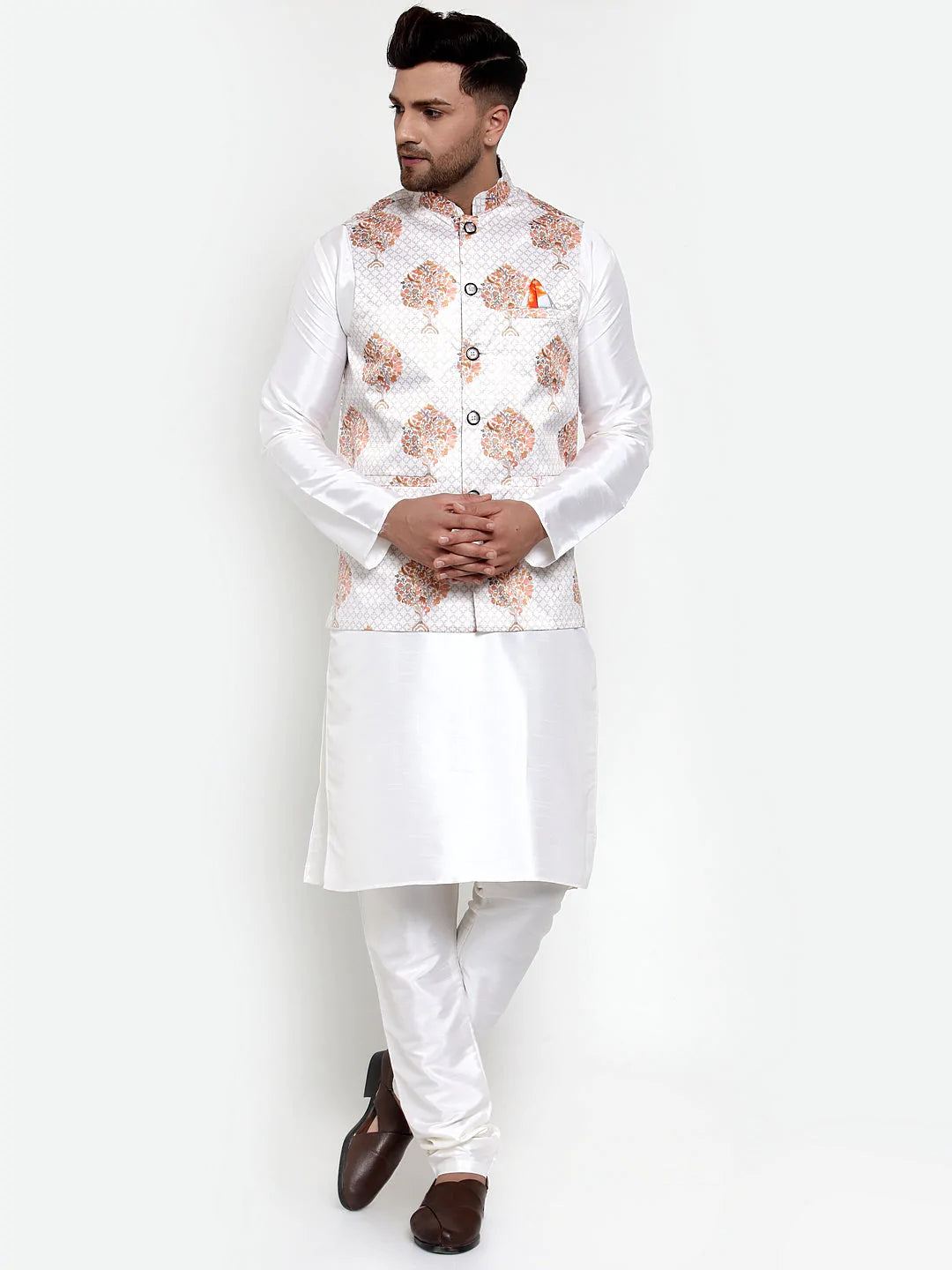 Jompers Men's Solid Dupion Kurta Pajama with Printed Nehru Jacket ( JOKPWC OW-D 4014White )