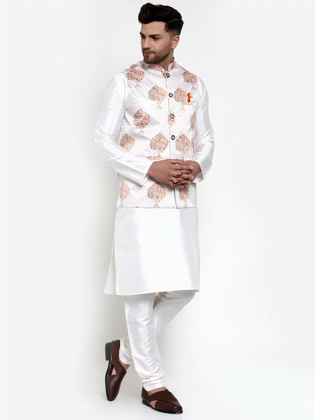 Jompers Men's Solid Dupion Kurta Pajama with Printed Nehru Jacket ( JOKPWC OW-D 4014White )