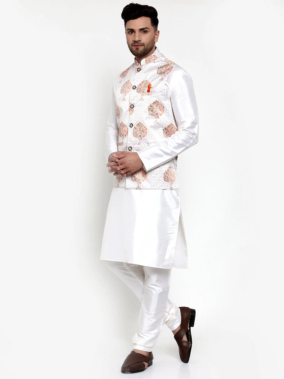 Jompers Men's Solid Dupion Kurta Pajama with Printed Nehru Jacket ( JOKPWC OW-D 4014White )
