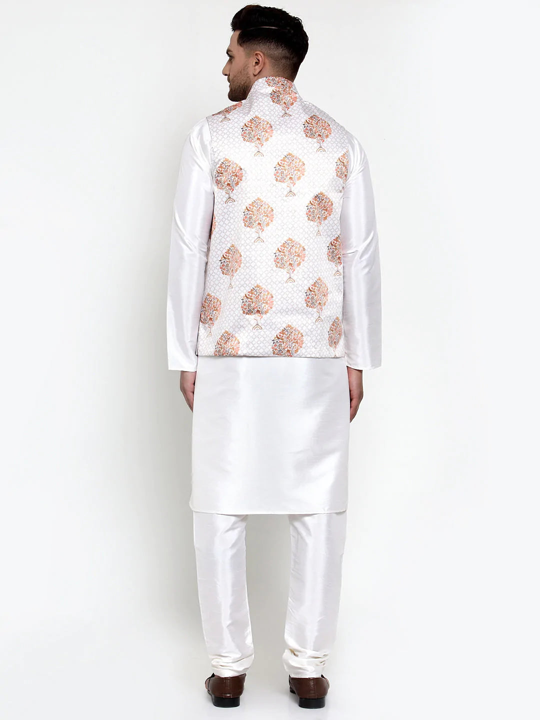 Jompers Men's Solid Dupion Kurta Pajama with Printed Nehru Jacket ( JOKPWC OW-D 4014White )