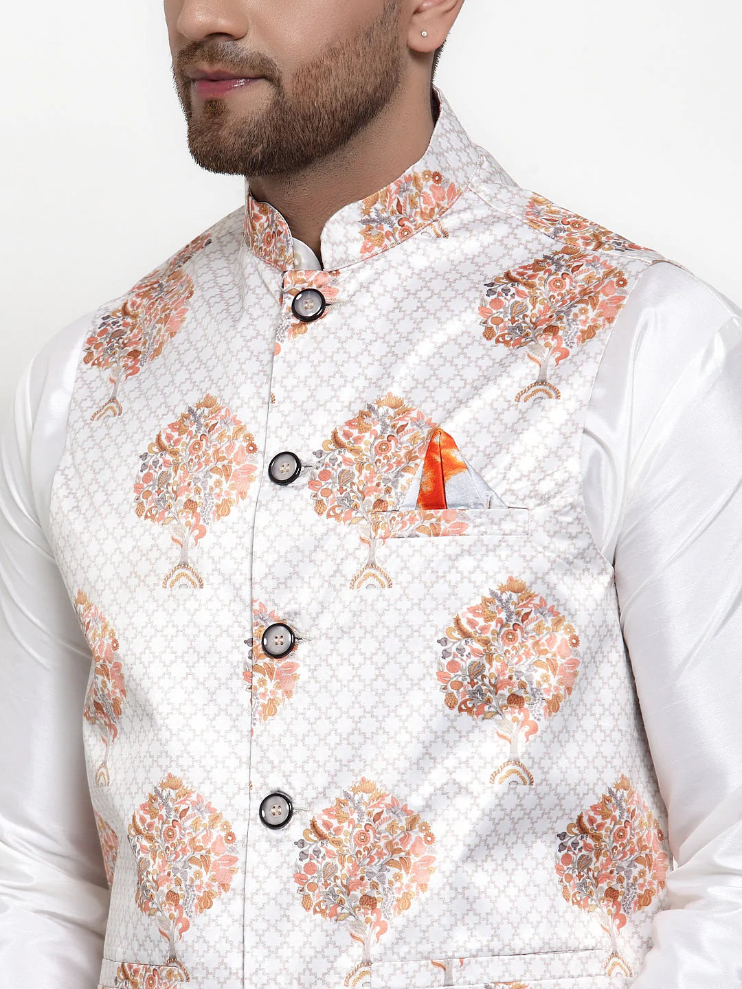 Jompers Men's Solid Dupion Kurta Pajama with Printed Nehru Jacket ( JOKPWC OW-D 4014White )