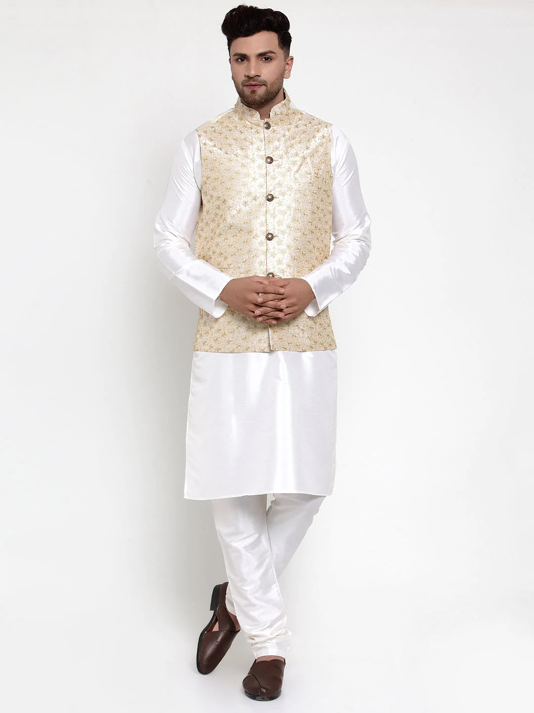 Jompers Men's Solid Dupion Kurta Pajama with Embroidered Nehru Jacket ( JOKPWC OW-D 4015Cream )