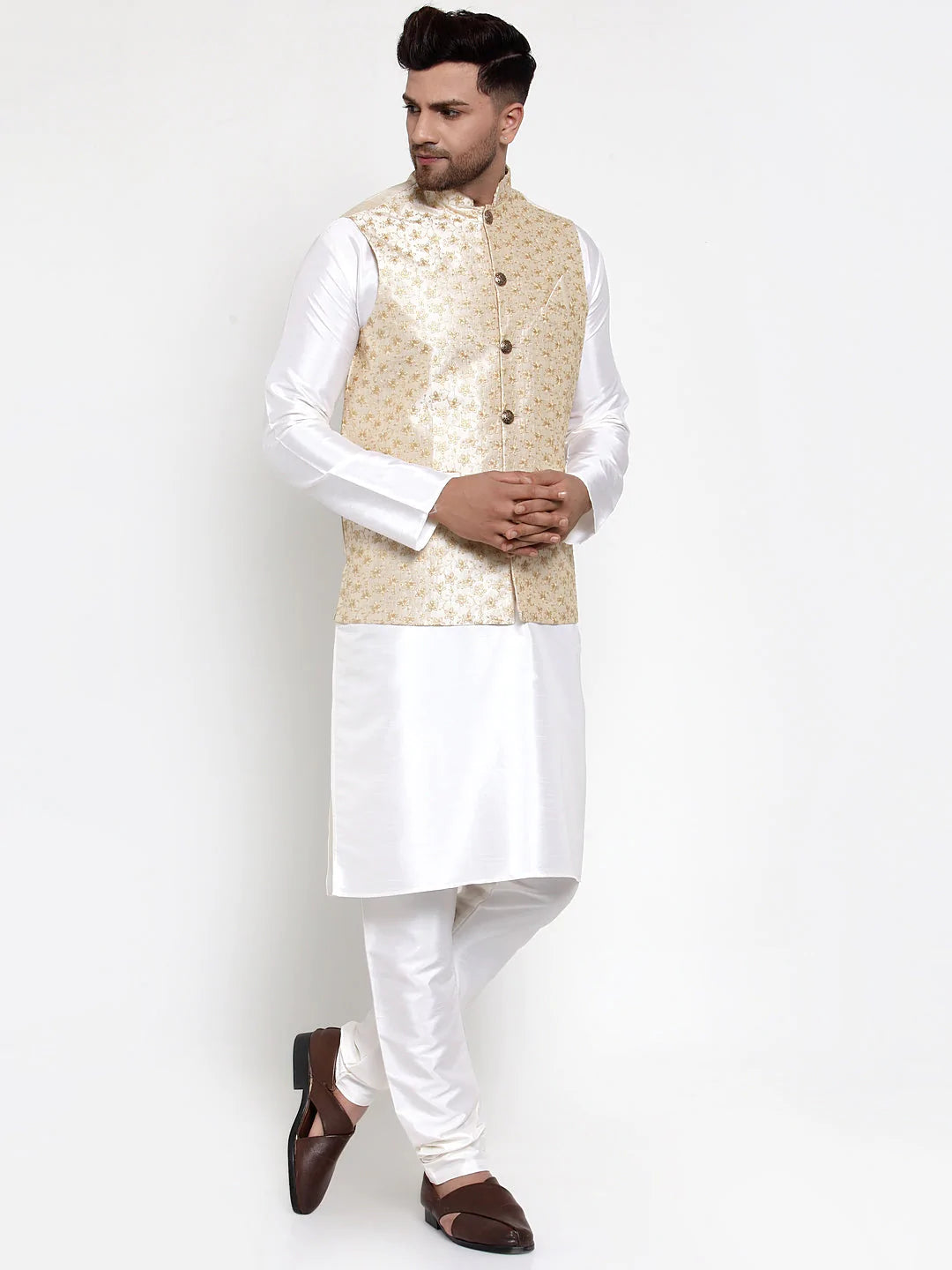 Jompers Men's Solid Dupion Kurta Pajama with Embroidered Nehru Jacket ( JOKPWC OW-D 4015Cream )