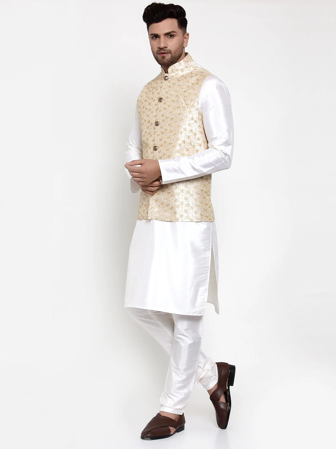 Jompers Men's Solid Dupion Kurta Pajama with Embroidered Nehru Jacket ( JOKPWC OW-D 4015Cream )