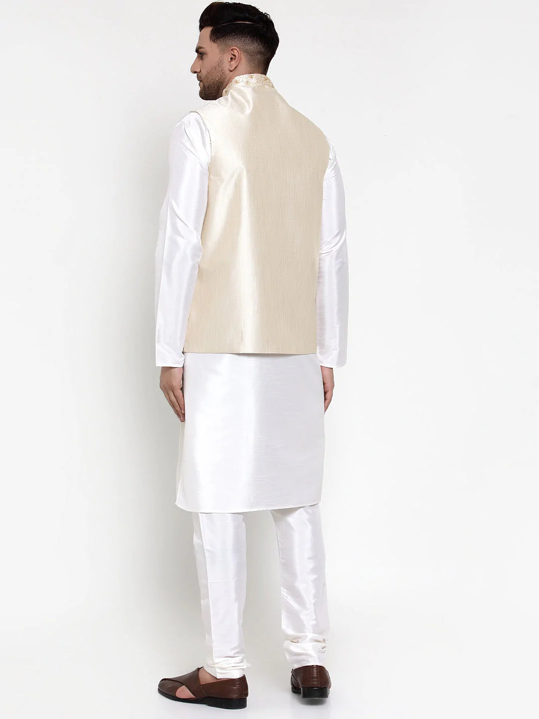 Jompers Men's Solid Dupion Kurta Pajama with Embroidered Nehru Jacket ( JOKPWC OW-D 4015Cream )