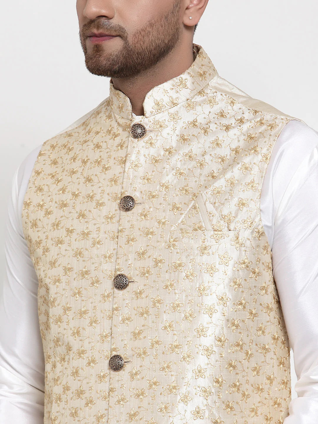 Jompers Men's Solid Dupion Kurta Pajama with Embroidered Nehru Jacket ( JOKPWC OW-D 4015Cream )