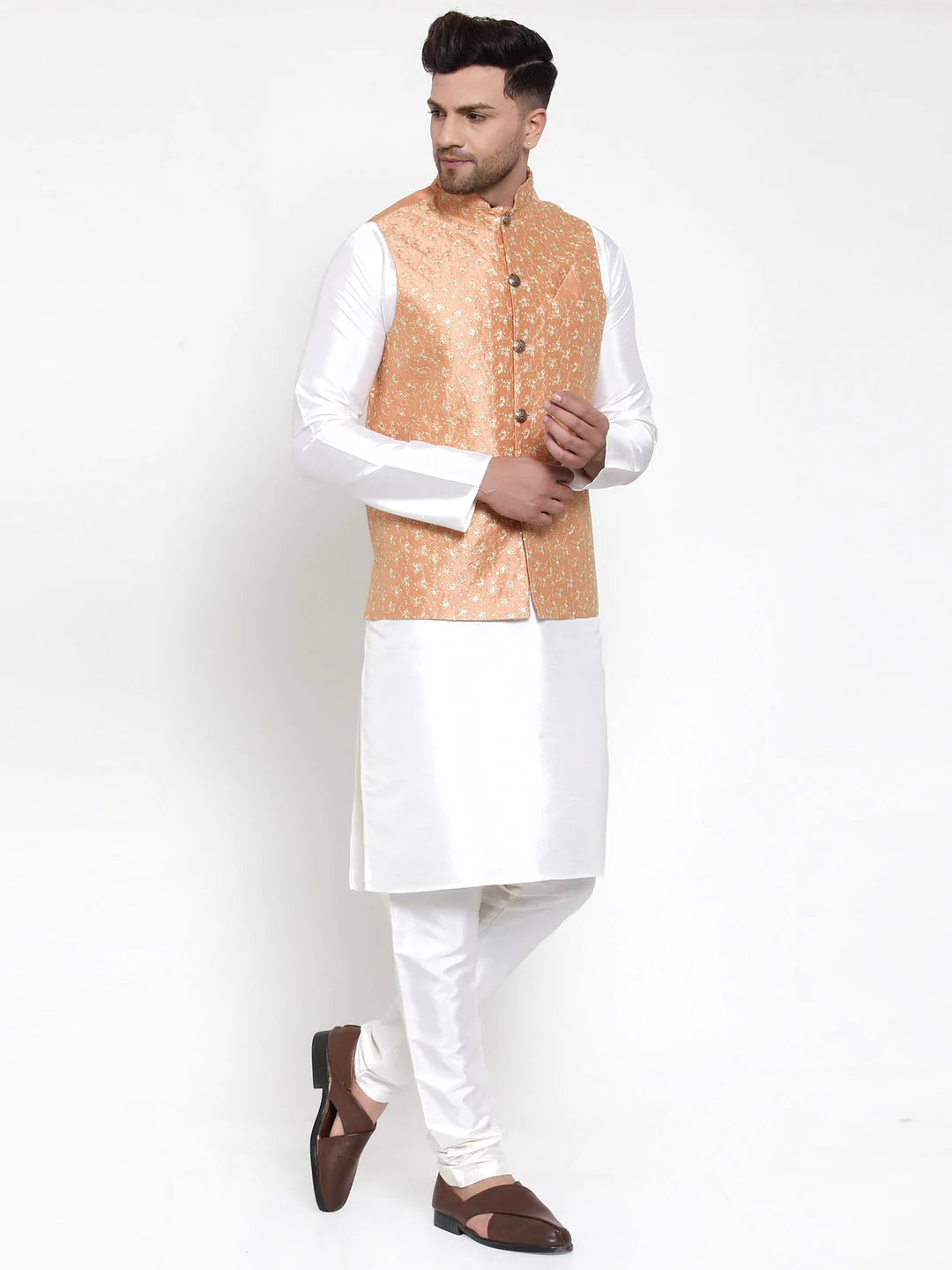 Jompers Men's Solid Dupion Kurta Pajama with Embroidered Nehru Jacket ( JOKPWC OW-D 4015Peach )