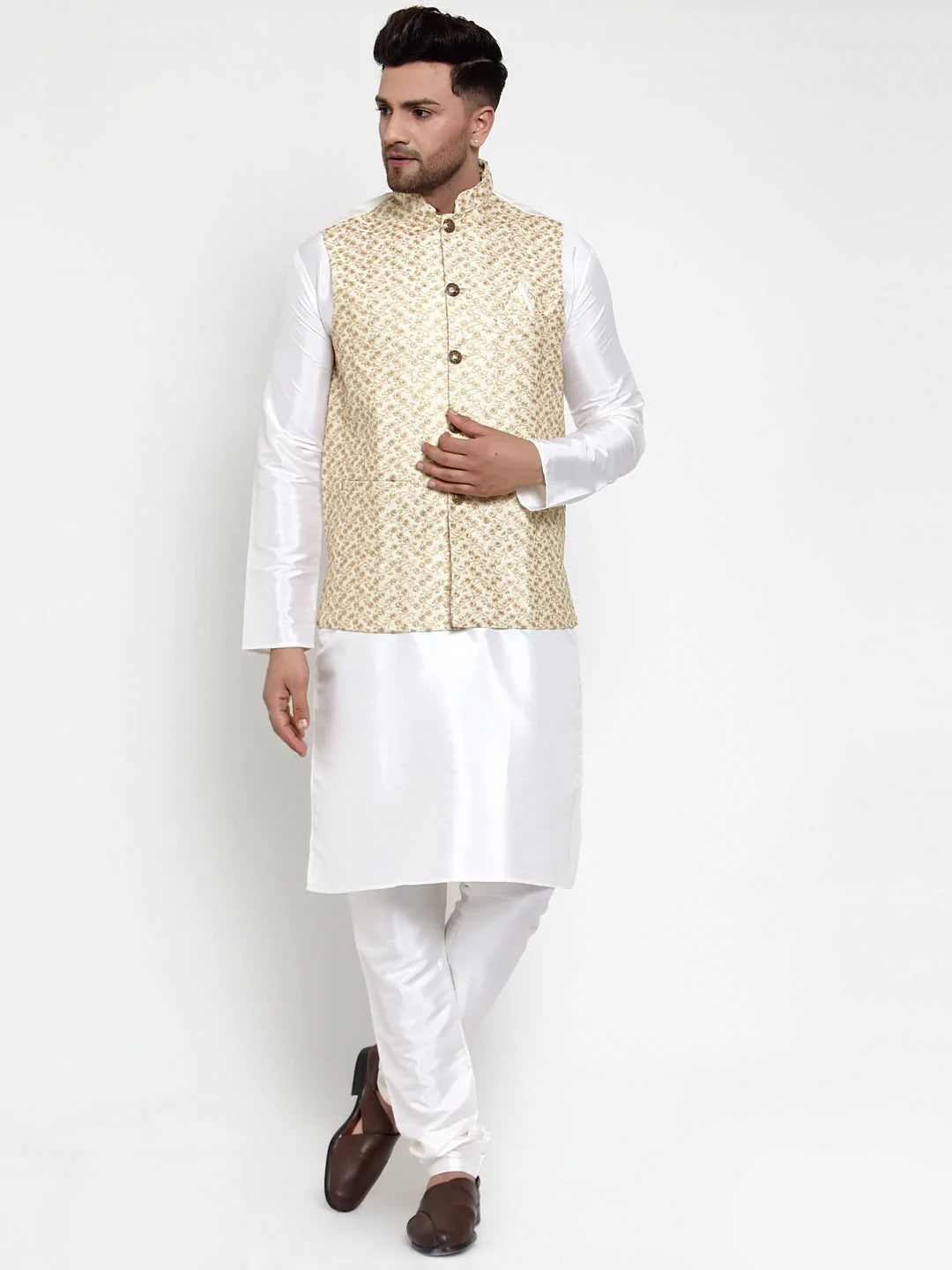 Jompers Men's Solid Dupion Kurta Pajama with Embroidered Nehru Jacket ( JOKPWC OW-D 4016Cream )