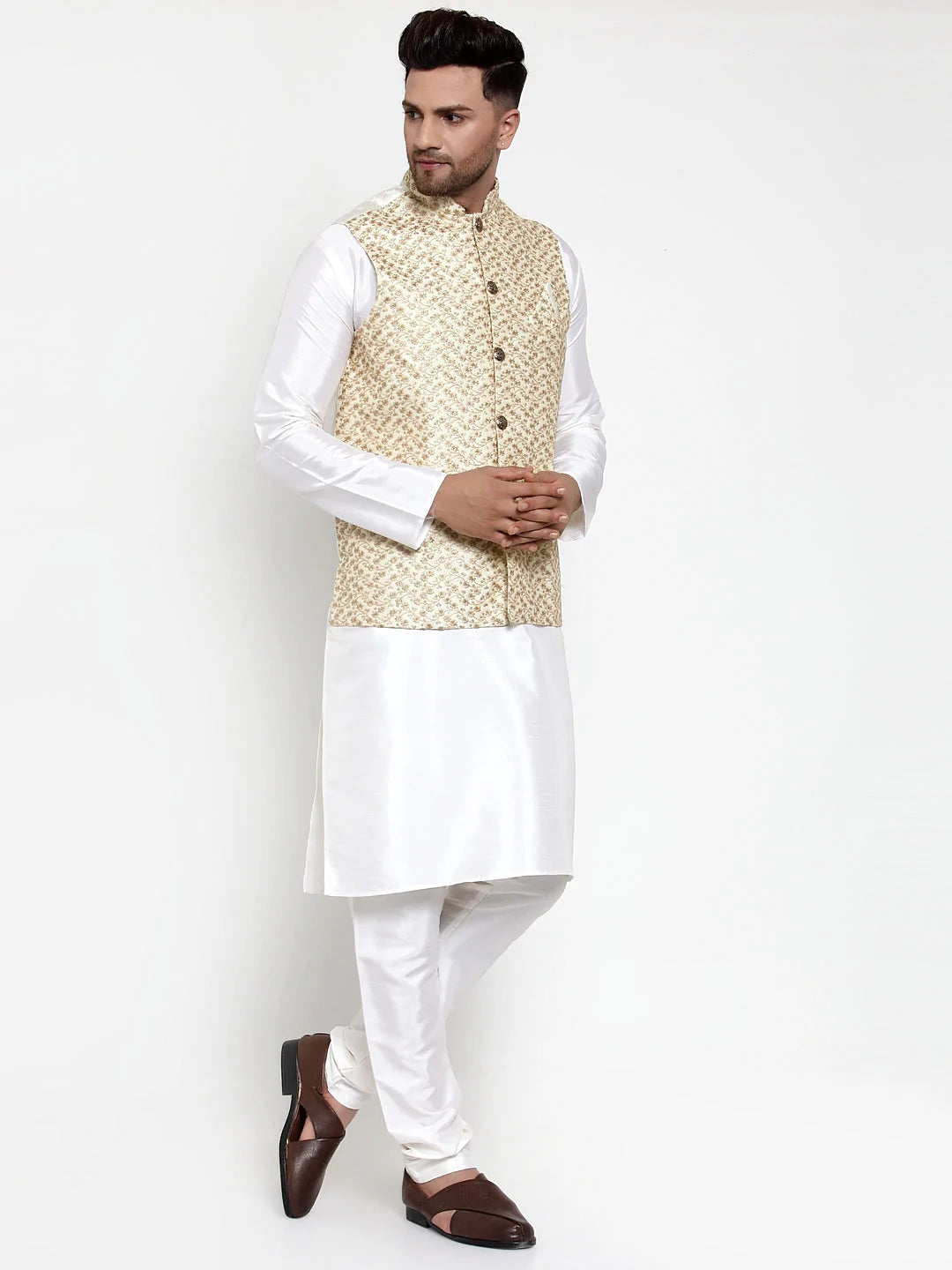 Jompers Men's Solid Dupion Kurta Pajama with Embroidered Nehru Jacket ( JOKPWC OW-D 4016Cream )