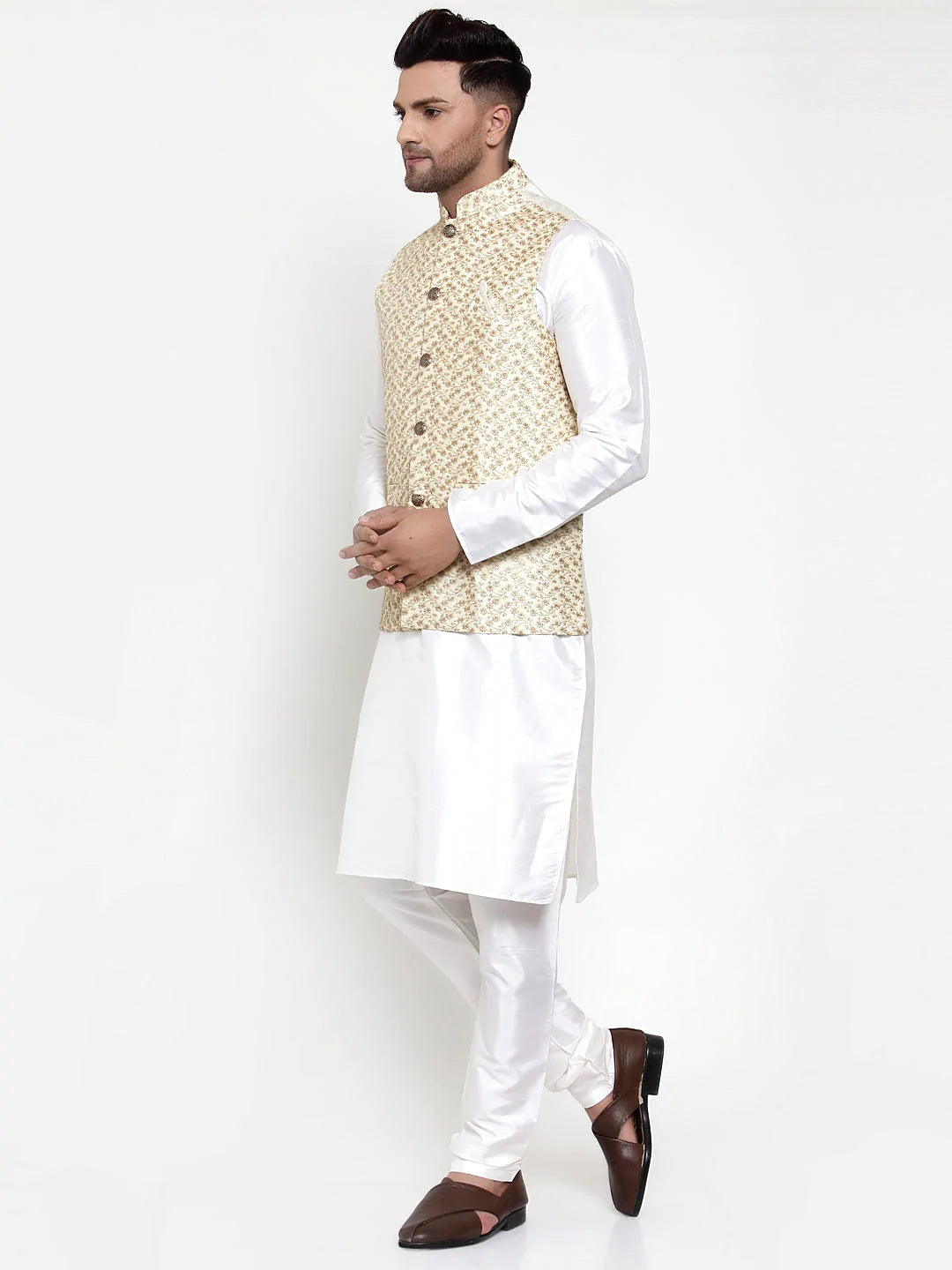 Jompers Men's Solid Dupion Kurta Pajama with Embroidered Nehru Jacket ( JOKPWC OW-D 4016Cream )