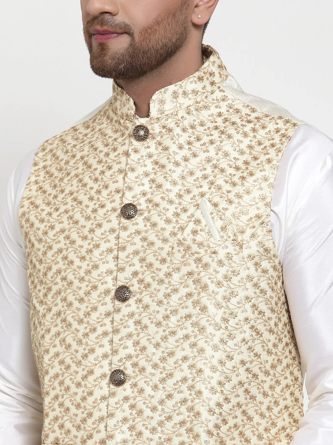 Jompers Men's Solid Dupion Kurta Pajama with Embroidered Nehru Jacket ( JOKPWC OW-D 4016Cream )