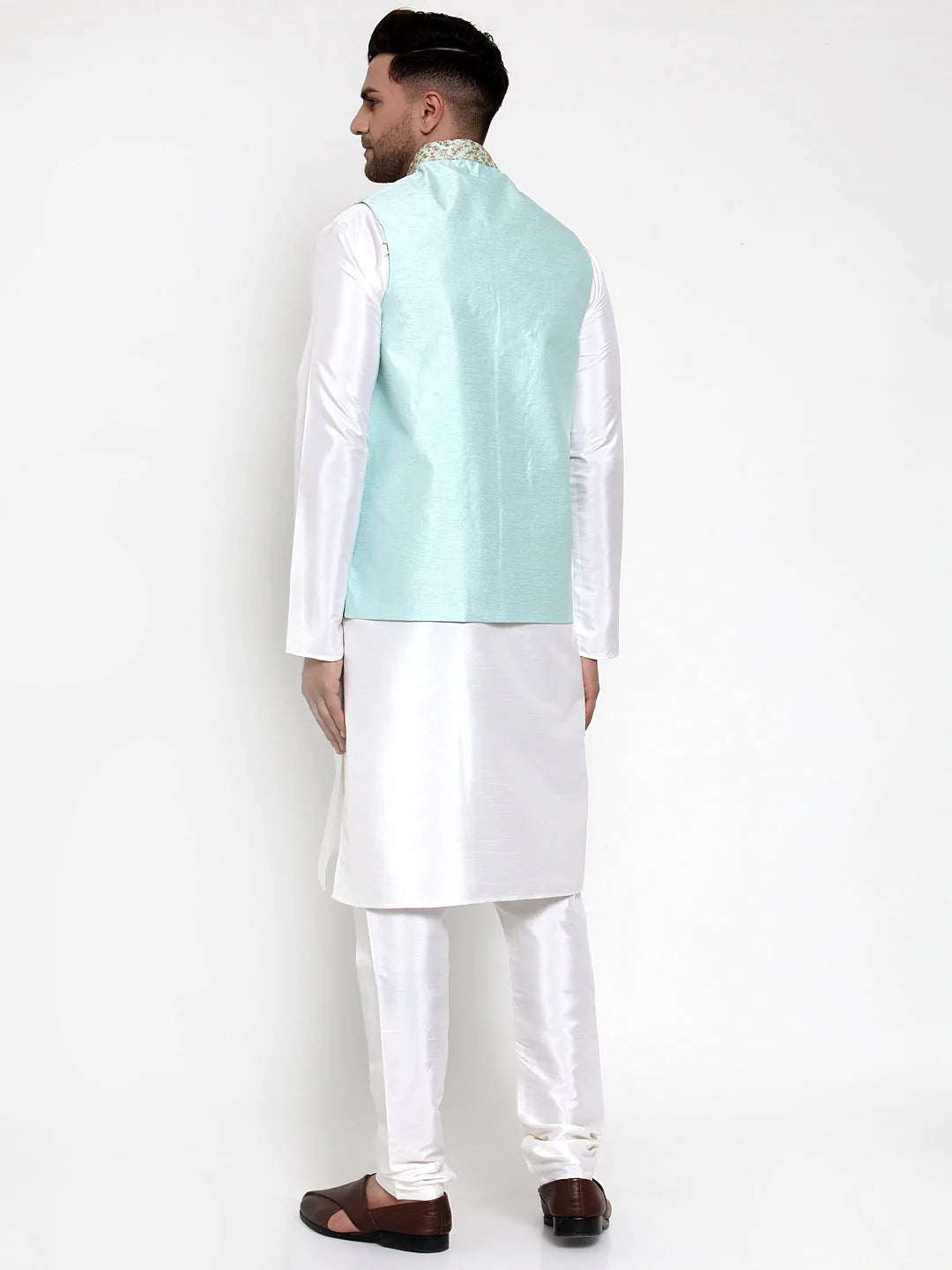 Jompers Men's Solid Dupion Kurta Pajama with Embroidered Nehru Jacket ( JOKPWC OW-D 4016Sky )