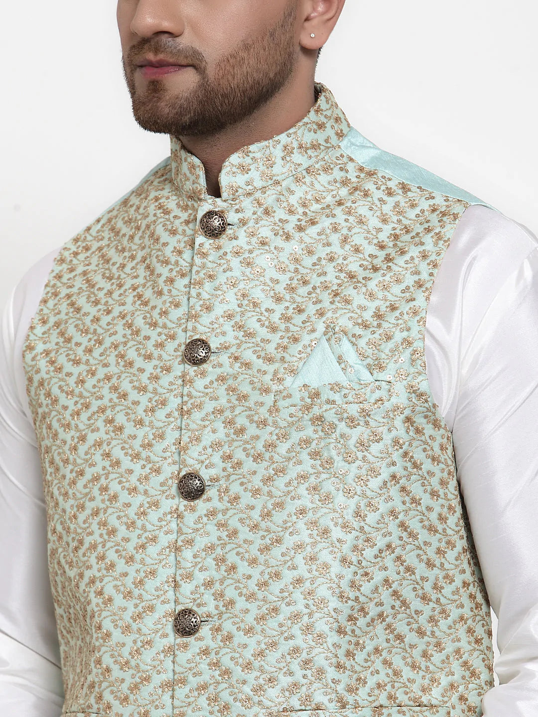 Jompers Men's Solid Dupion Kurta Pajama with Embroidered Nehru Jacket ( JOKPWC OW-D 4016Sky )