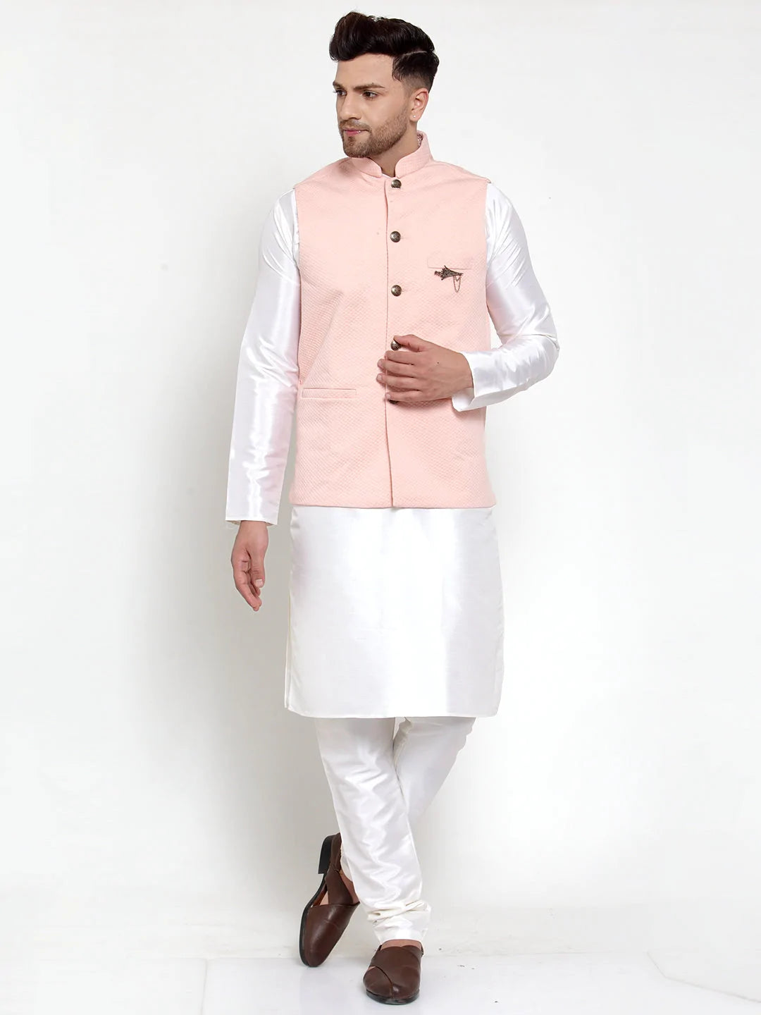 Jompers Men's Solid Dupion Kurta Pajama with Woven Nehru Jacket ( JOKPWC OW-D 4019 Peach )