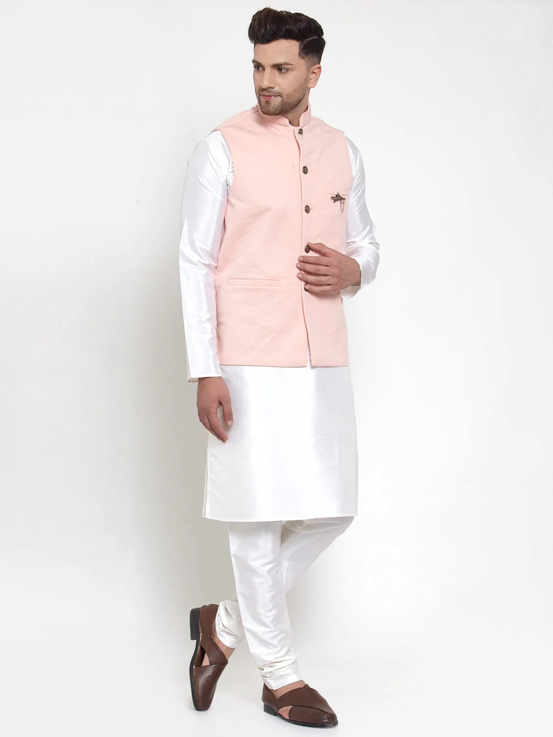 Jompers Men's Solid Dupion Kurta Pajama with Woven Nehru Jacket ( JOKPWC OW-D 4019 Peach )