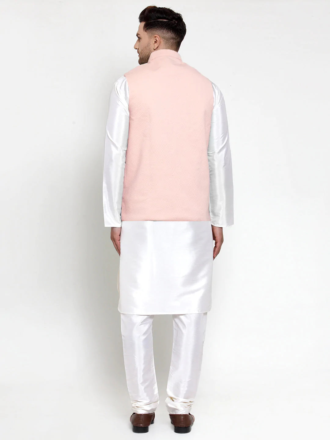 Jompers Men's Solid Dupion Kurta Pajama with Woven Nehru Jacket ( JOKPWC OW-D 4019 Peach )