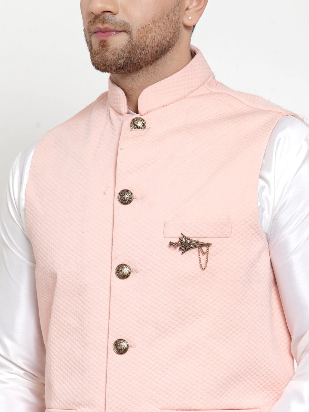 Jompers Men's Solid Dupion Kurta Pajama with Woven Nehru Jacket ( JOKPWC OW-D 4019 Peach )