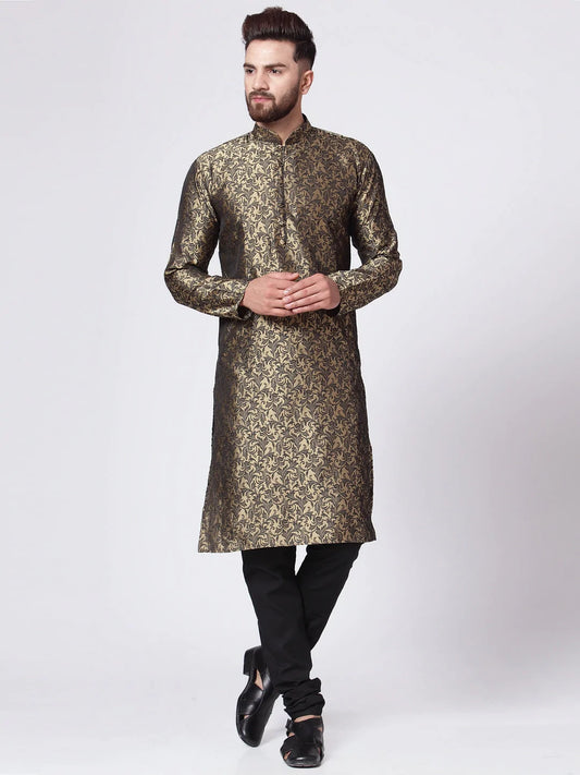 Men Golden & Black Self Design Kurta with Churidar