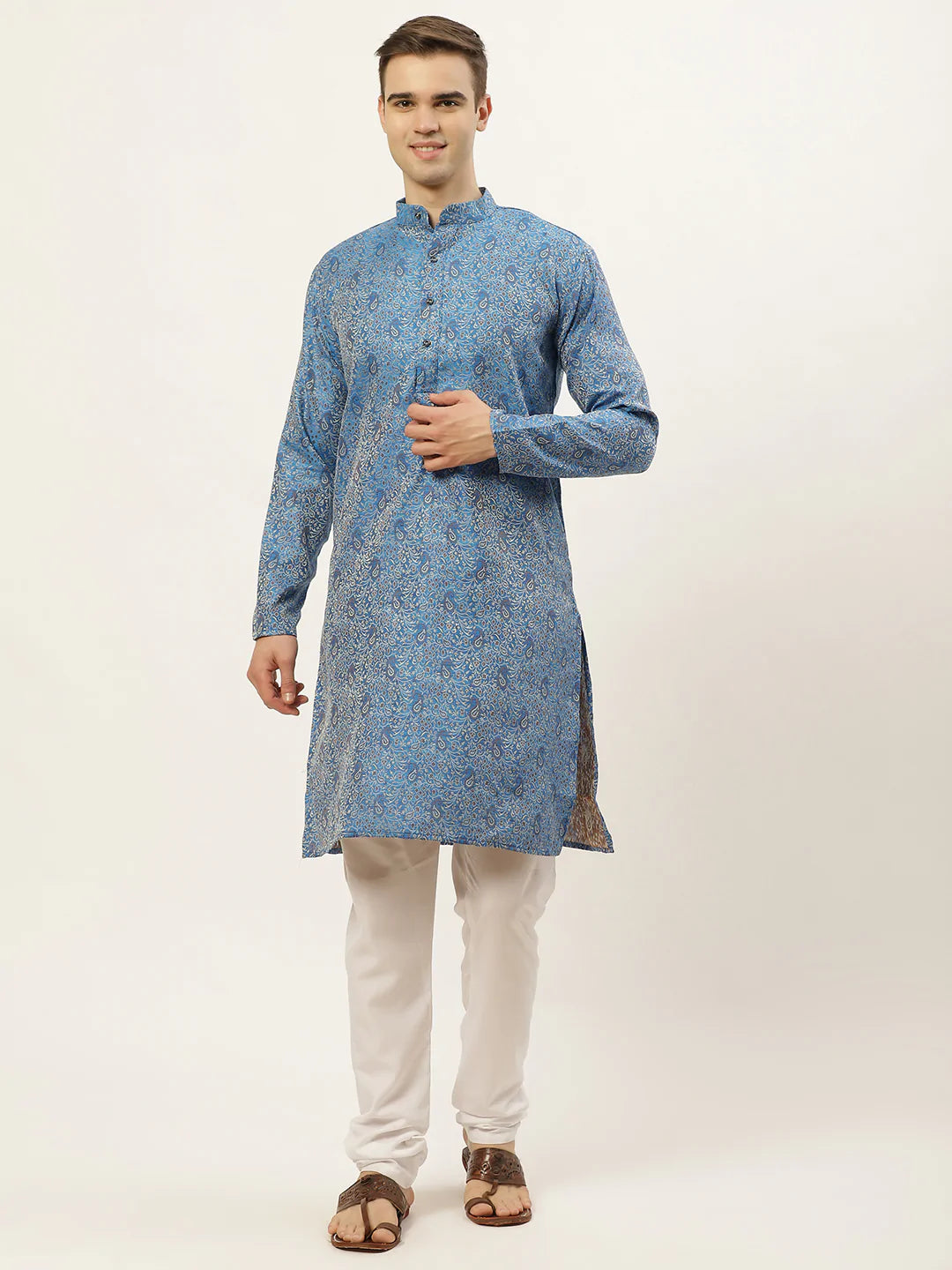 Jompers Men's Blue Printed Jacquard Kurta Payjama Sets ( JOKP 595 Blue )