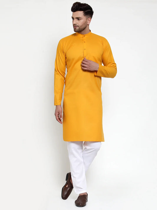 Jompers Men Mustard Yellow & White Solid Kurta with Churidar ( JOKP 611 Mustard )