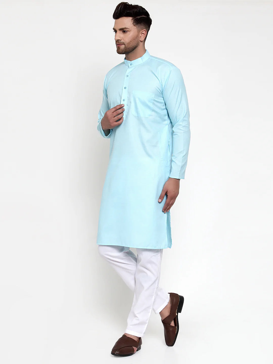 Jompers Men Sky-Blue & White Solid Kurta with Churidar ( JOKP 611 Sky )