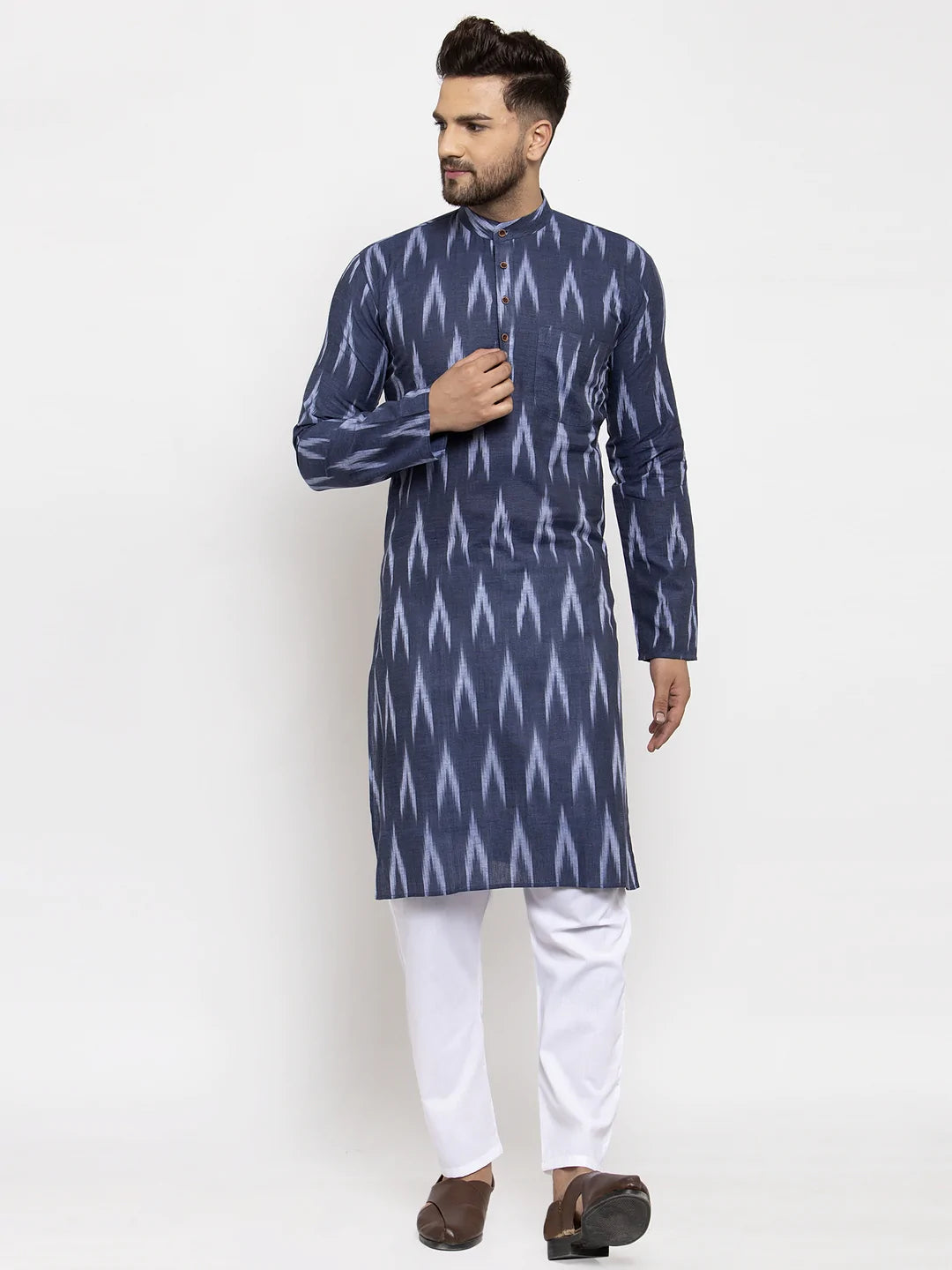 Jompers Men Blue Woven Design Ikkat Straight Kurta with Churidar ( JOKP 615 Blue )