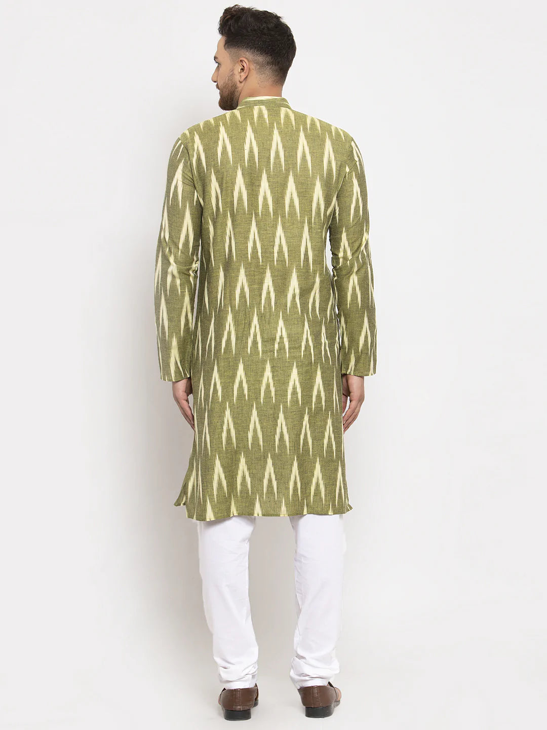 Jompers Men Green Woven Design Ikkat Straight Kurta with Churidar ( JOKP 615 Green )