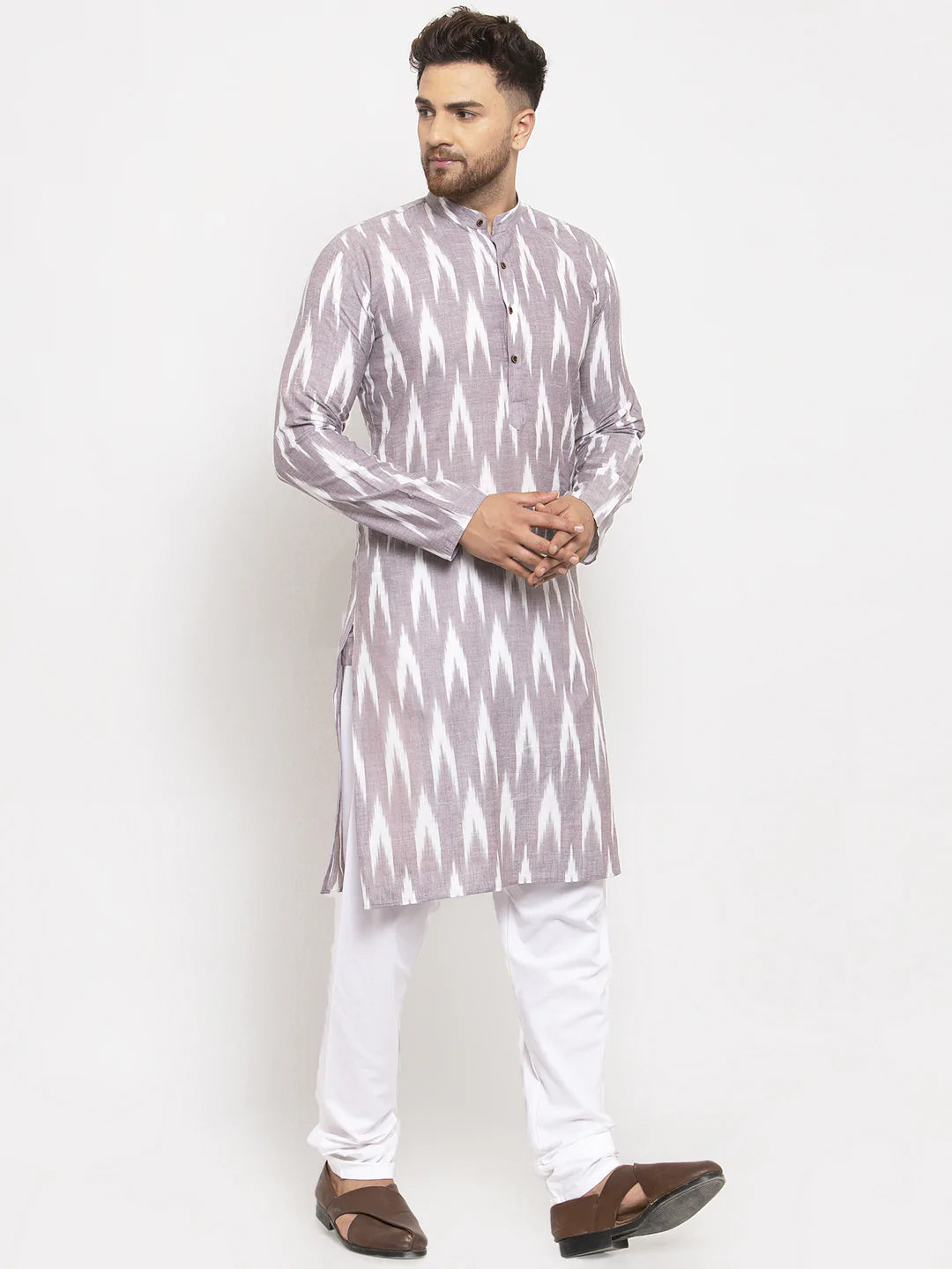 Jompers Men Grey Woven Design Ikkat Straight Kurta with Churidar ( JOKP 615 Grey )
