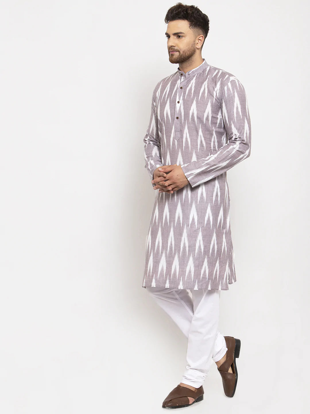 Jompers Men Grey Woven Design Ikkat Straight Kurta with Churidar ( JOKP 615 Grey )