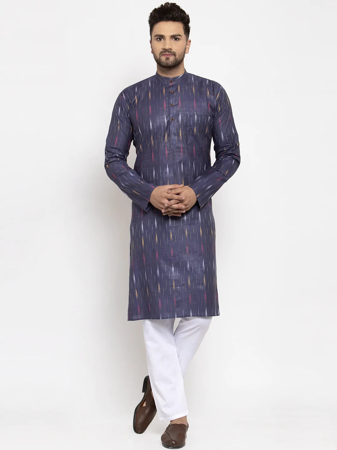 Jompers Men Navy Blue Woven Design Ikkat Straight Kurta with Churidar ( JOKP 615 Navy )