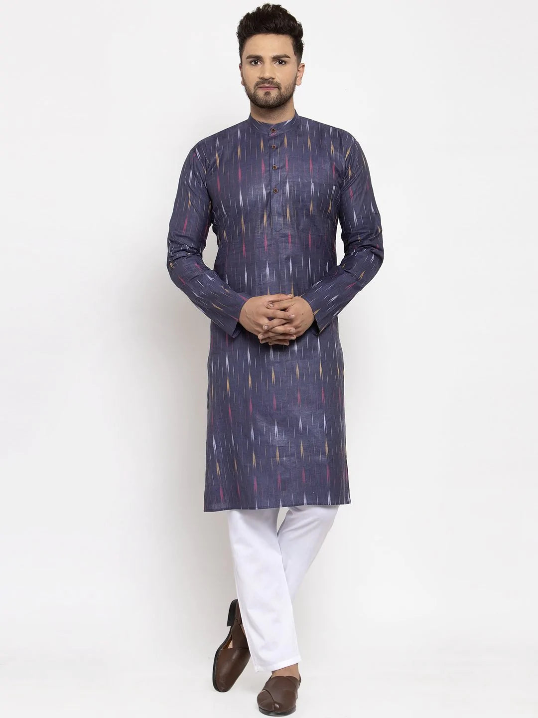 Jompers Men Navy Blue Woven Design Ikkat Straight Kurta Only ( KO 615 Navy )