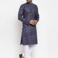 Jompers Men Navy Blue Woven Design Ikkat Straight Kurta with Churidar ( JOKP 615 Navy )