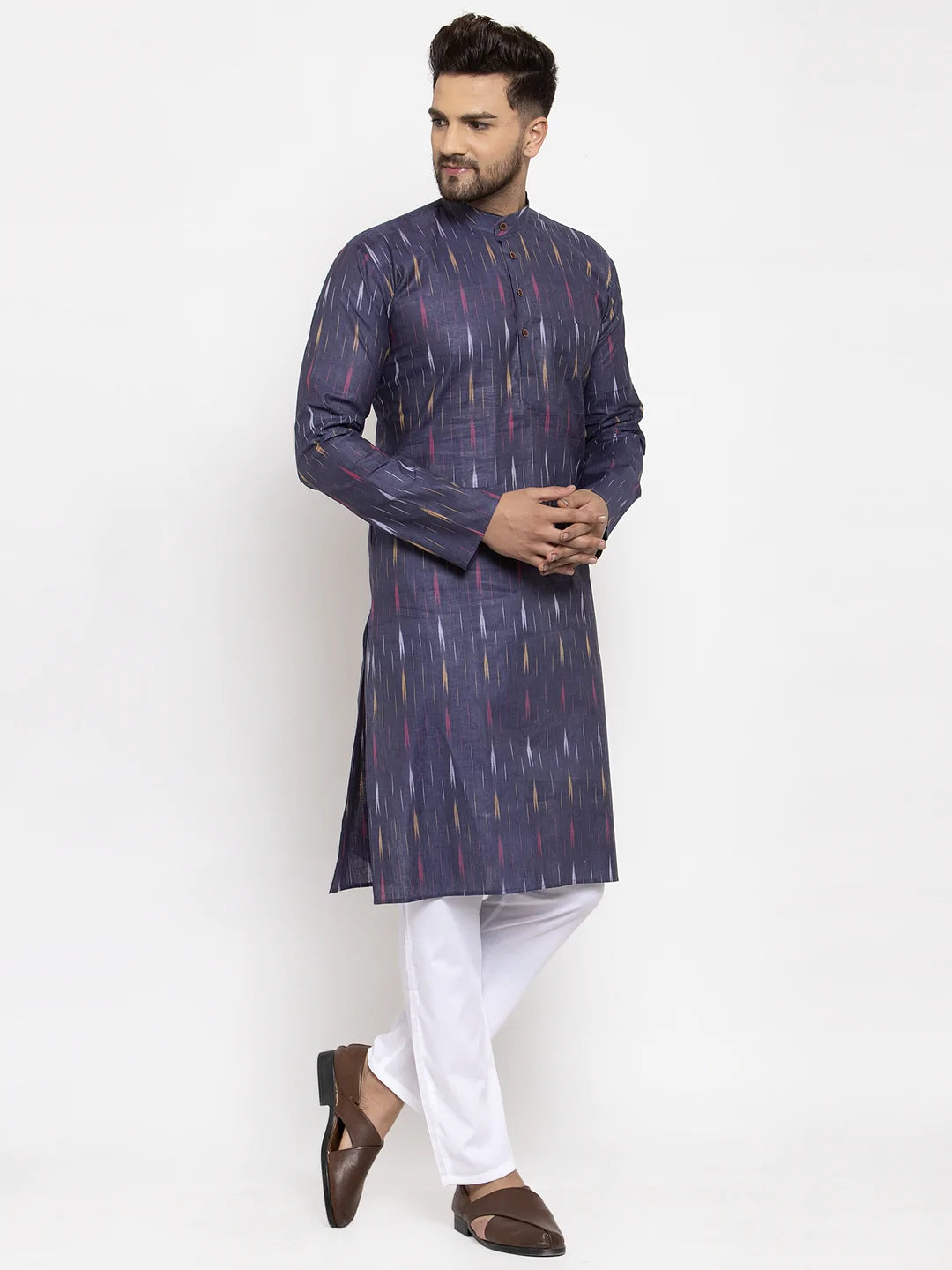 Jompers Men Navy Blue Woven Design Ikkat Straight Kurta with Churidar ( JOKP 615 Navy )