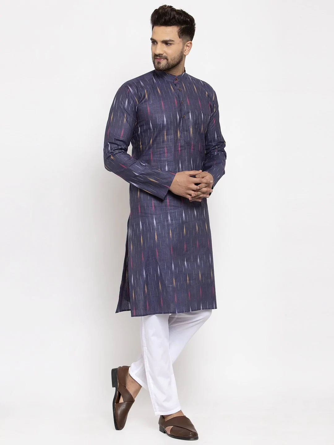 Jompers Men Navy Blue Woven Design Ikkat Straight Kurta Only ( KO 615 Navy )