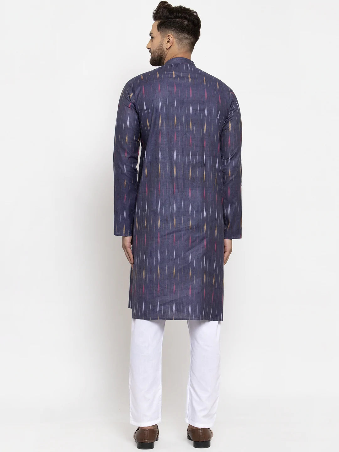 Jompers Men Navy Blue Woven Design Ikkat Straight Kurta with Churidar ( JOKP 615 Navy )