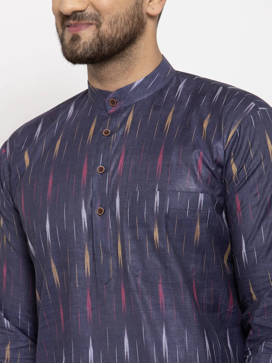 Jompers Men Navy Blue Woven Design Ikkat Straight Kurta Only ( KO 615 Navy )