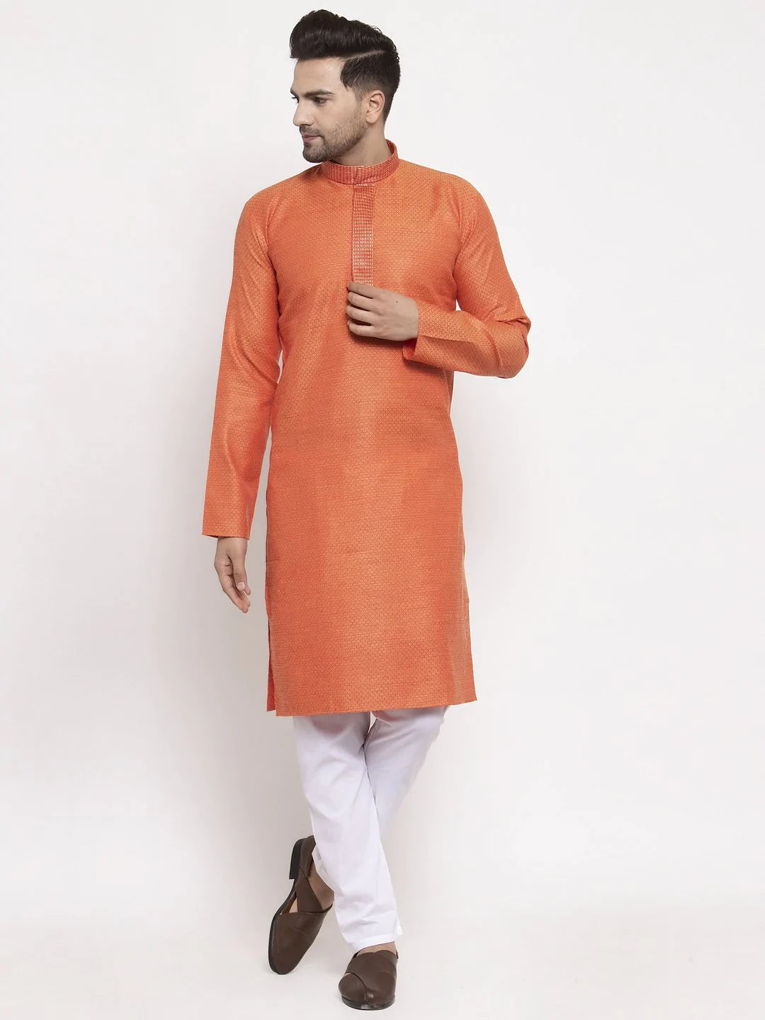 Jompers Men Orange Embroidered Kurta Only ( KO 619 Orange )