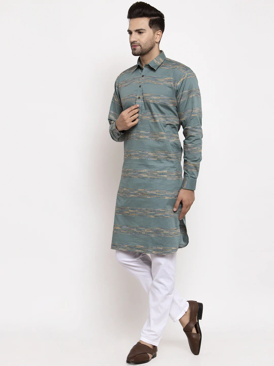 Jompers Men Green & White Woven Design Kurta with Pyjamas ( JOKP 621 Green )