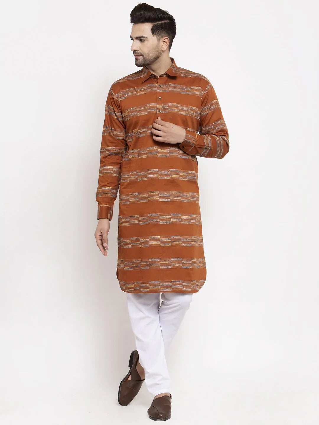 Jompers Men Mustard & White Woven Design Kurta Only ( KO 621 Mustard )