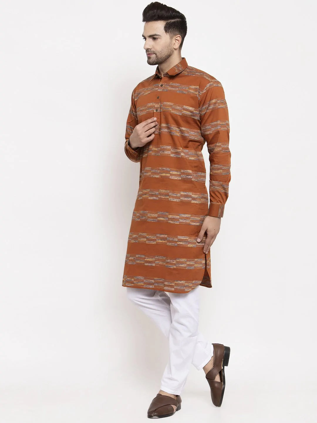Jompers Men Mustard & White Woven Design Kurta Only ( KO 621 Mustard )