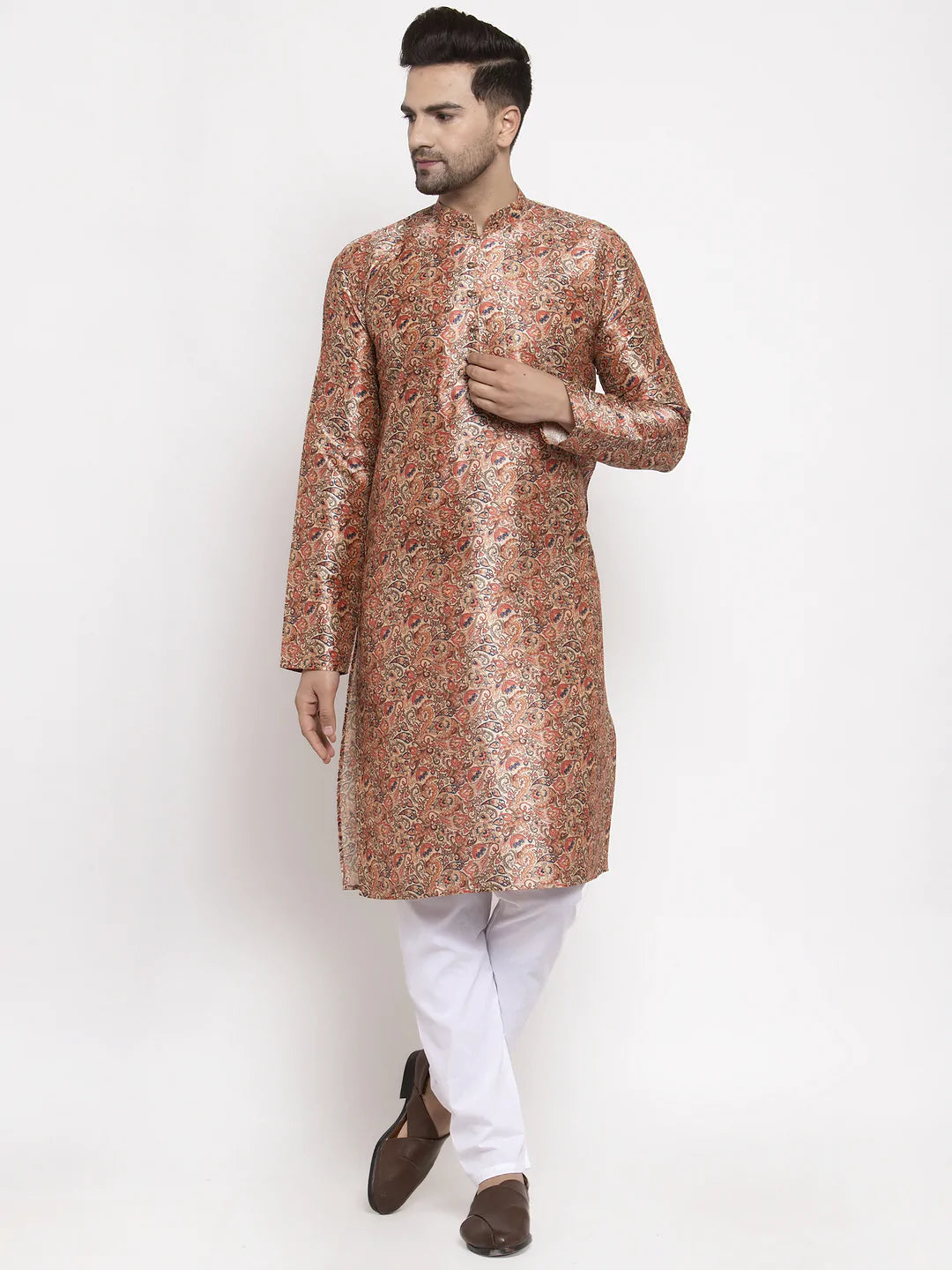Jompers Men Golden Printed Kurta with Pyjamas ( JOKP 624 Golden )