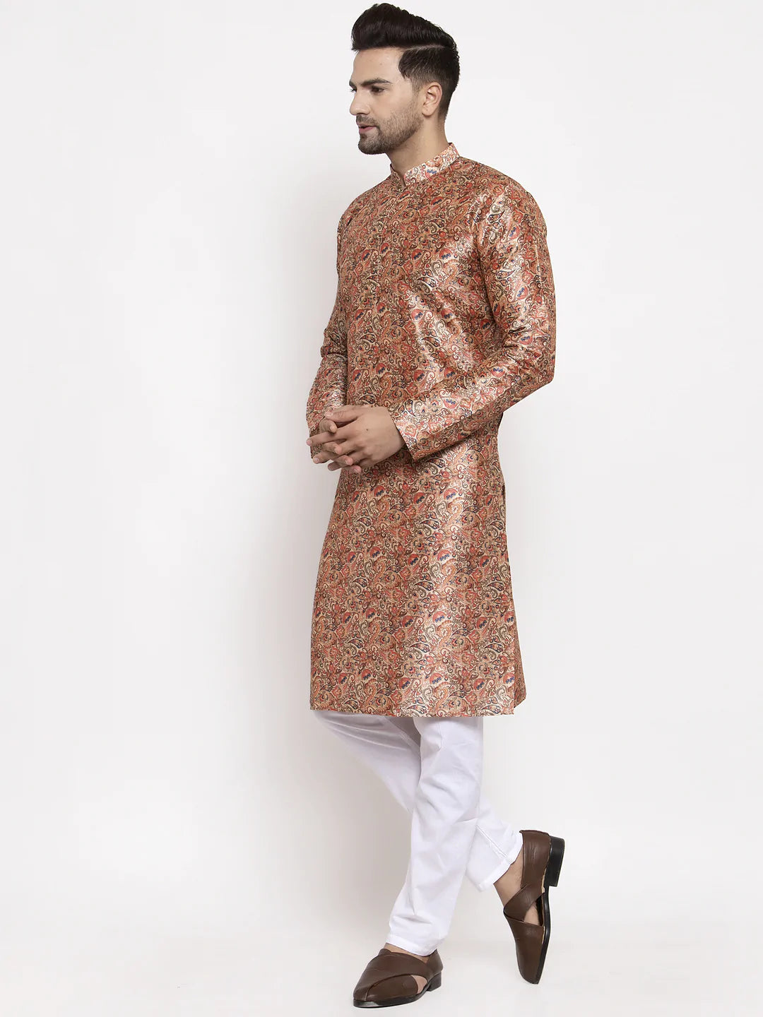 Jompers Men Golden Printed Kurta with Pyjamas ( JOKP 624 Golden )