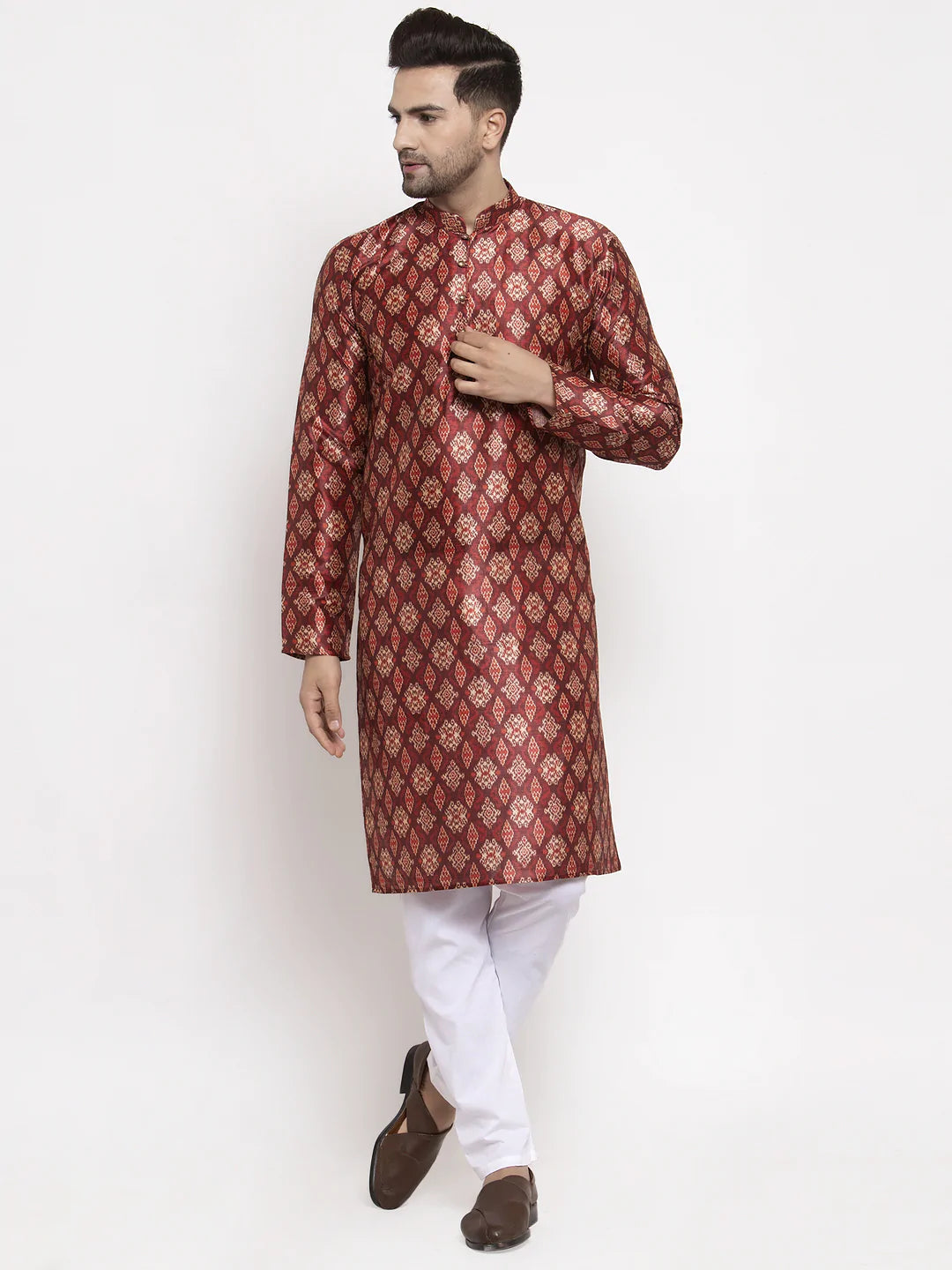 Jompers Men Maroon Printed Kurta with Pyjamas ( JOKP 624 Maroon )