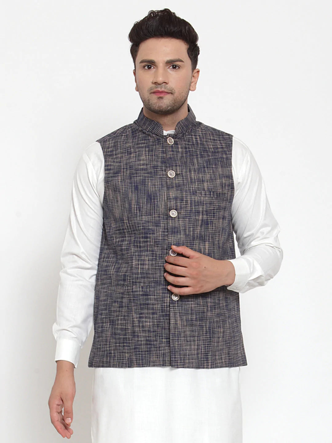Jompers Men's Blue Woven Design Nehru Jacket ( JOWC 4011 Blue )