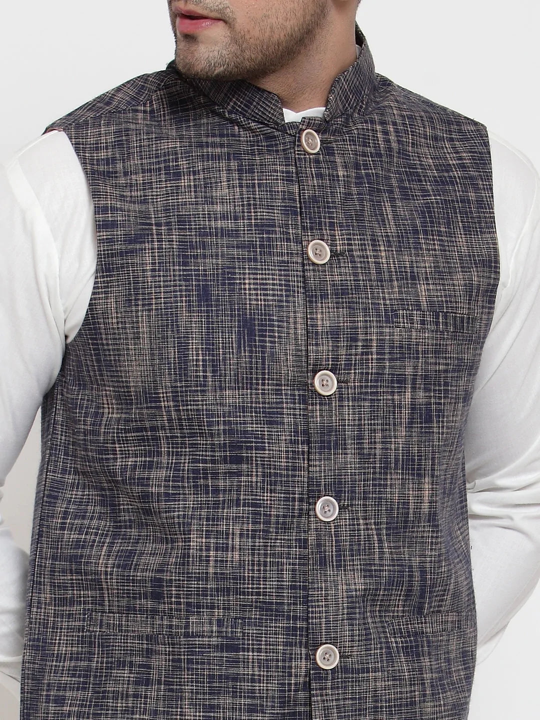 Jompers Men's Blue Woven Design Nehru Jacket ( JOWC 4011 Blue )