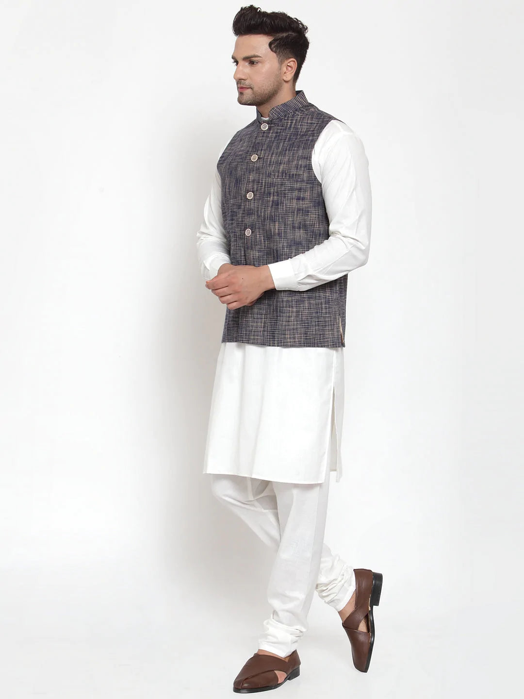Jompers Men's Blue Woven Design Nehru Jacket ( JOWC 4011 Blue )