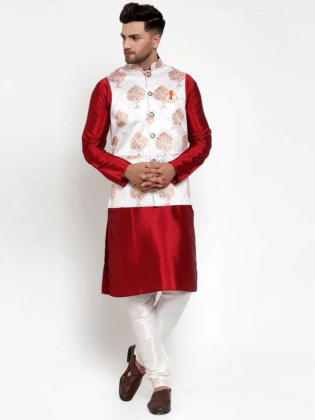 Jompers Men's White Printed Nehru Jacket ( JOWC 4014White )